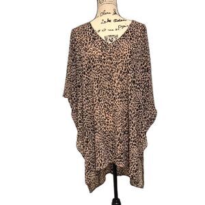 Umgee Kimono Blouse Top M V-Neck Beige Brown Dolman Sleeve Leopard Print Boho